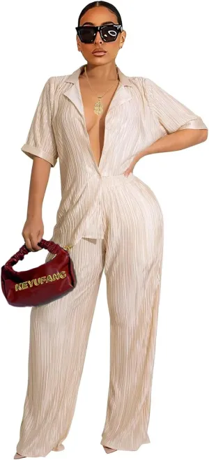 KEYUFANG 2 Piece Outfits for Women 90s Casual Boho Trendy Muse Shirt Wide Leg Pants Solid Daily Pleated Suit
