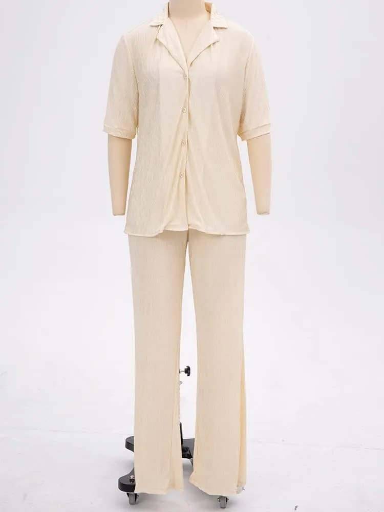 KEYUFANG 2 Piece Outfits for Women 90s Casual Boho Trendy Muse Shirt Wide Leg Pants Solid Daily Pleated Suit