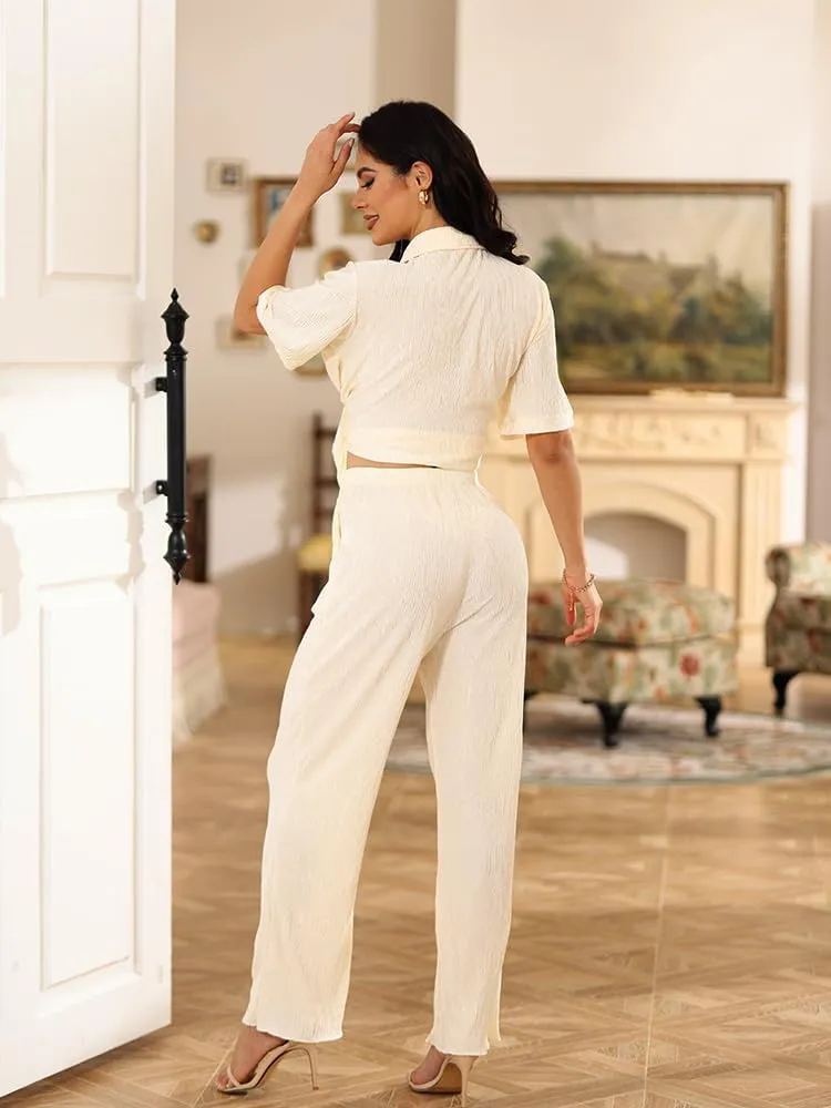 KEYUFANG 2 Piece Outfits for Women 90s Casual Boho Trendy Muse Shirt Wide Leg Pants Solid Daily Pleated Suit