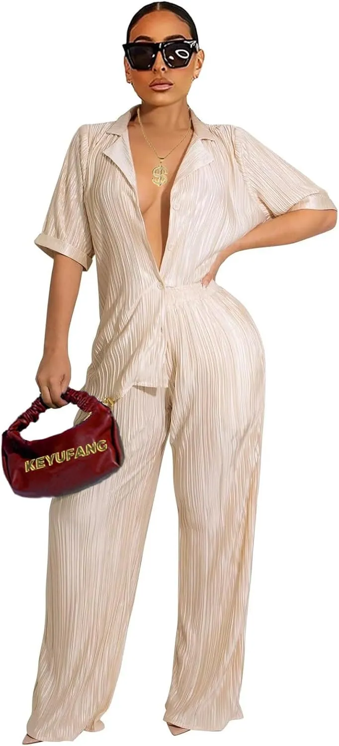 KEYUFANG 2 Piece Outfits for Women 90s Casual Boho Trendy Muse Shirt Wide Leg Pants Solid Daily Pleated Suit