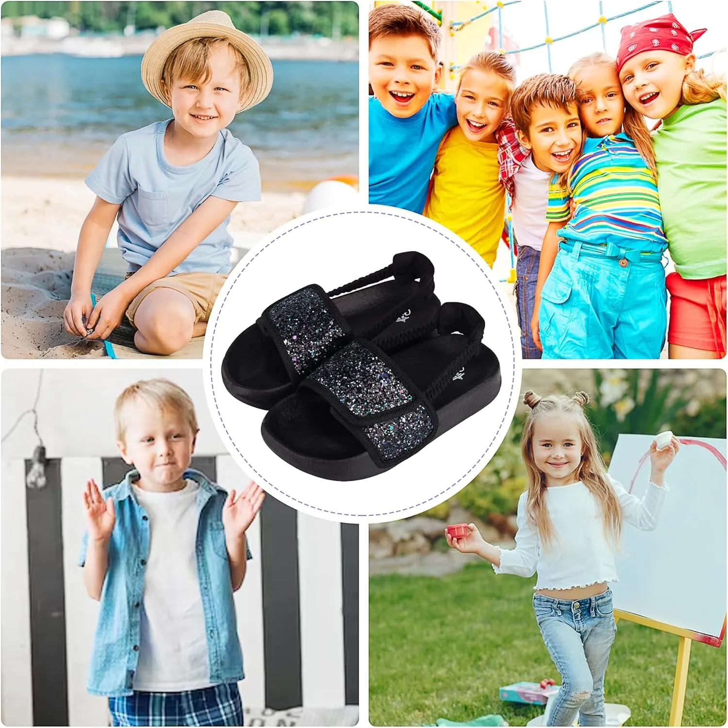 Kids Flip Flops Sandals Toddler Boys Girls Sequin Slides Shower Beach Pool Shoes Slip on Summer Slippers with Back Strap