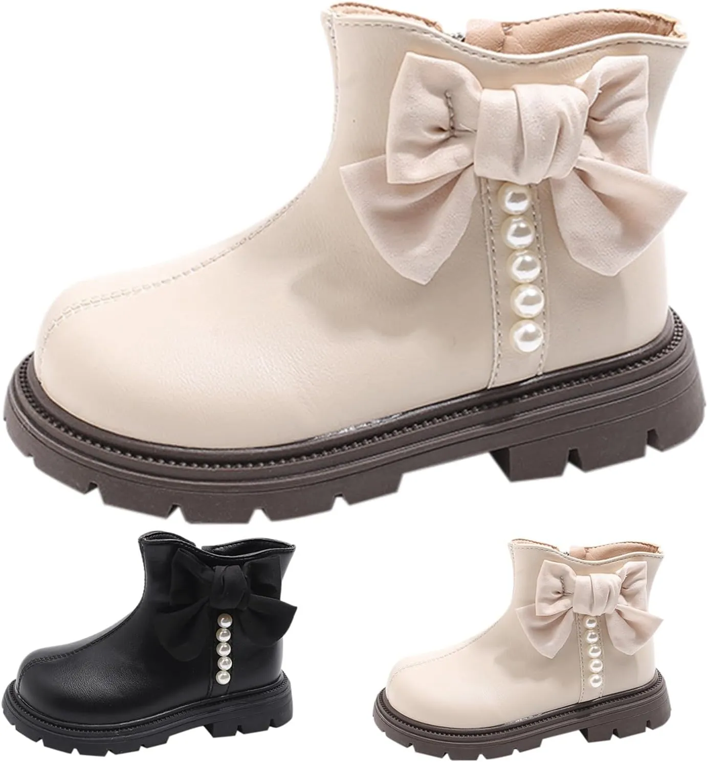 Kids Girls Pearl Bowknot Princess Dress Boots Soft Sole Anti Slip Fashion Birthday Wedding Shoes with Side Zipper