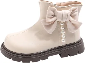 Kids Girls Pearl Bowknot Princess Dress Boots Soft Sole Anti Slip Fashion Birthday Wedding Shoes with Side Zipper