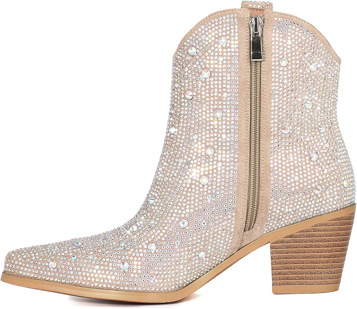 KiutSymo Women's Sparkly Ankle Boots Rhinestone Glitter Booties Pointed Toe Chunky Low Heel Cowboy Boots