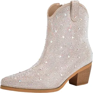 KiutSymo Women's Sparkly Ankle Boots Rhinestone Glitter Booties Pointed Toe Chunky Low Heel Cowboy Boots