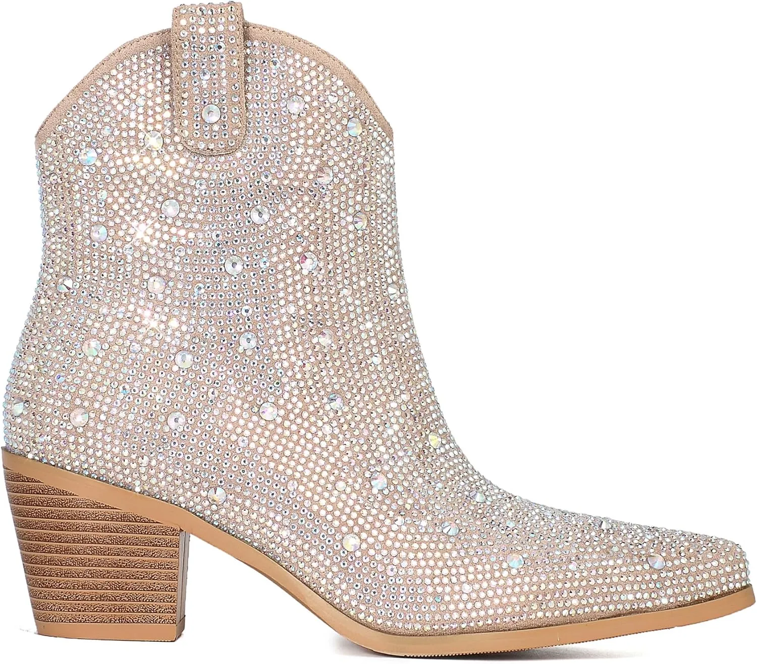 KiutSymo Women's Sparkly Ankle Boots Rhinestone Glitter Booties Pointed Toe Chunky Low Heel Cowboy Boots