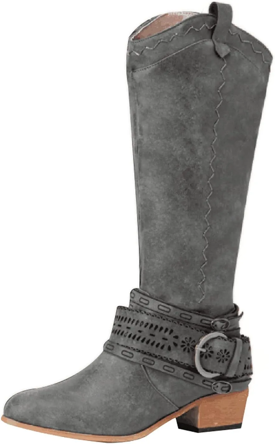 Knee High Boots Women Fashion Mid Heels Long Boots Pointed Toe Chunky Block Boots Western Boots with Side Zip