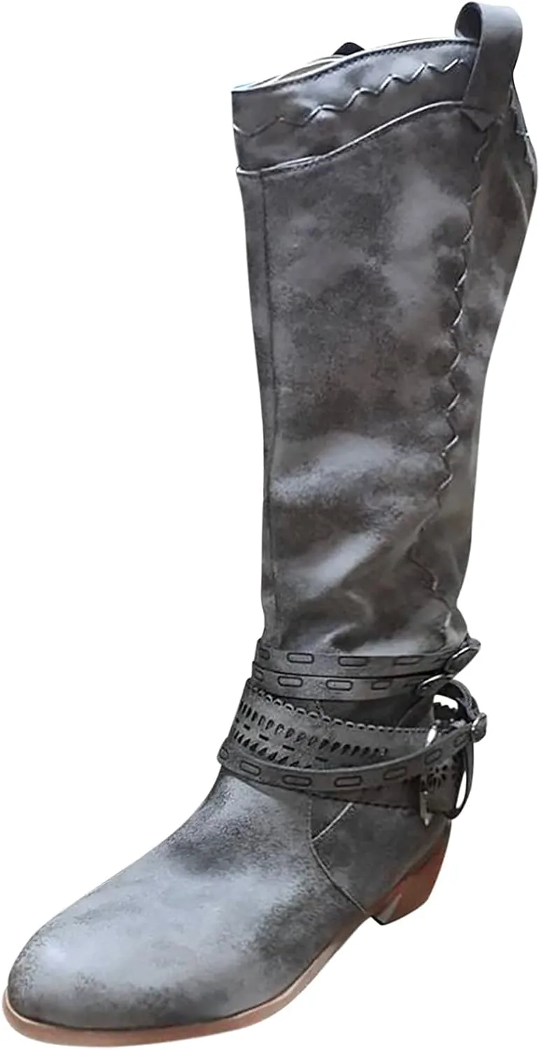 Knee High Boots Women Fashion Mid Heels Long Boots Pointed Toe Chunky Block Boots Western Boots with Side Zip