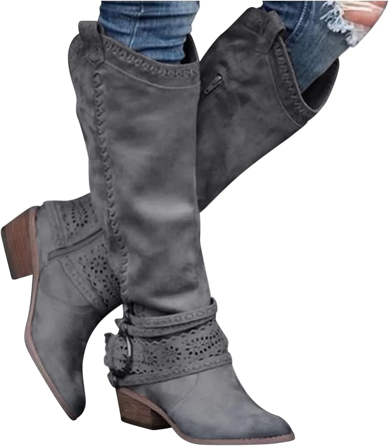 Knee High Boots Women Fashion Mid Heels Long Boots Pointed Toe Chunky Block Boots Western Boots with Side Zip