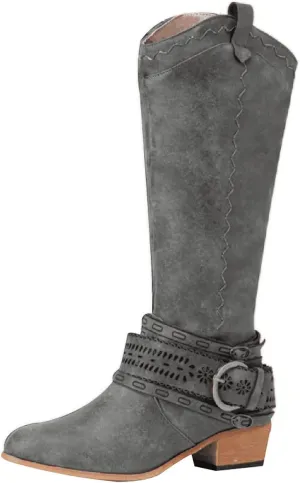 Knee High Boots Women Fashion Mid Heels Long Boots Pointed Toe Chunky Block Boots Western Boots with Side Zip