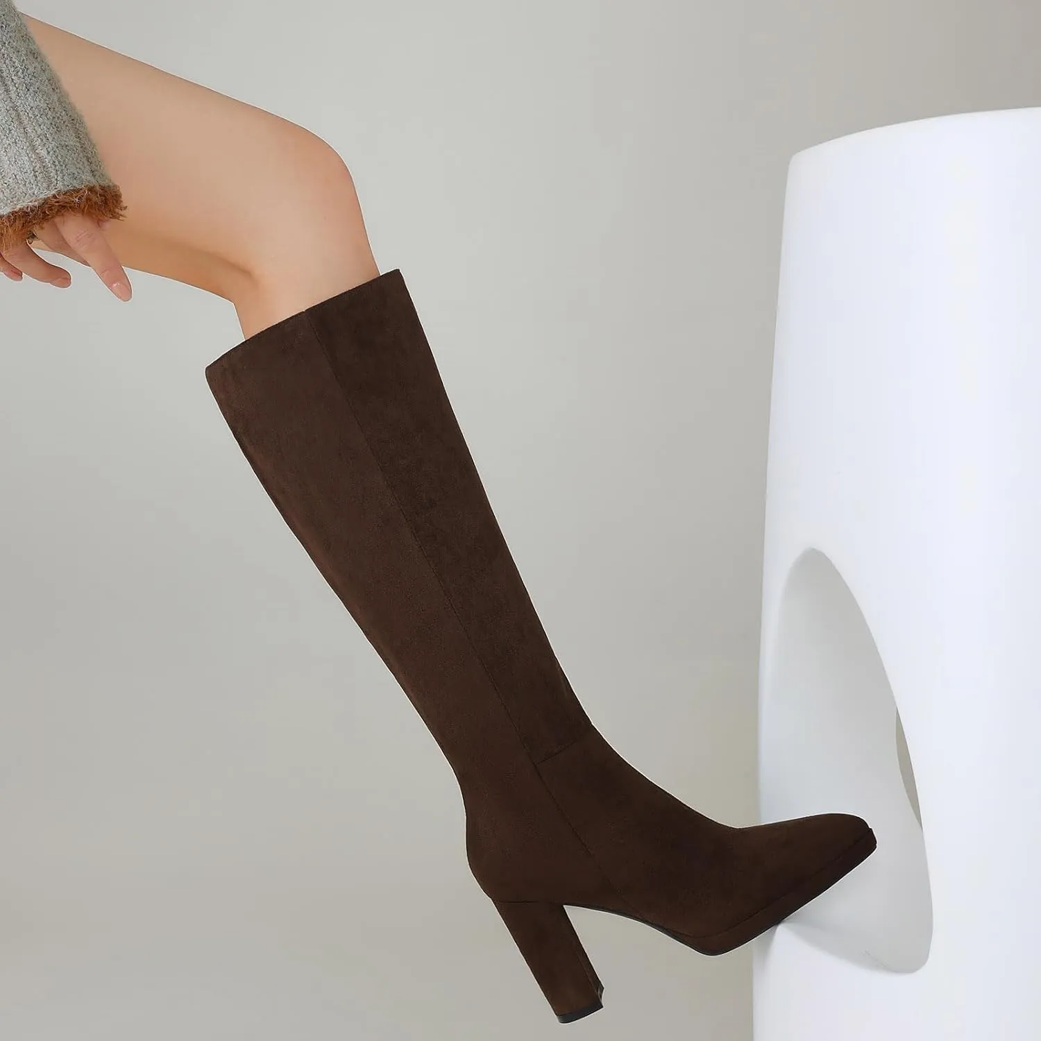 Knee High Boots Women Platform Chunky Go Go Boots Pointed Toe Tall Boots Fashion Long Boots Block High Heels Side Zip