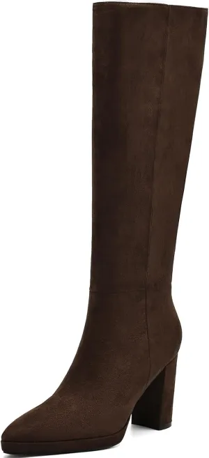 Knee High Boots Women Platform Chunky Go Go Boots Pointed Toe Tall Boots Fashion Long Boots Block High Heels Side Zip