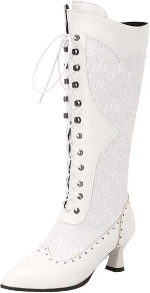Knee High Combat Boots Womens Lace Up High Heel Leather Boots Lace Splicing Cowboy Riding Boots