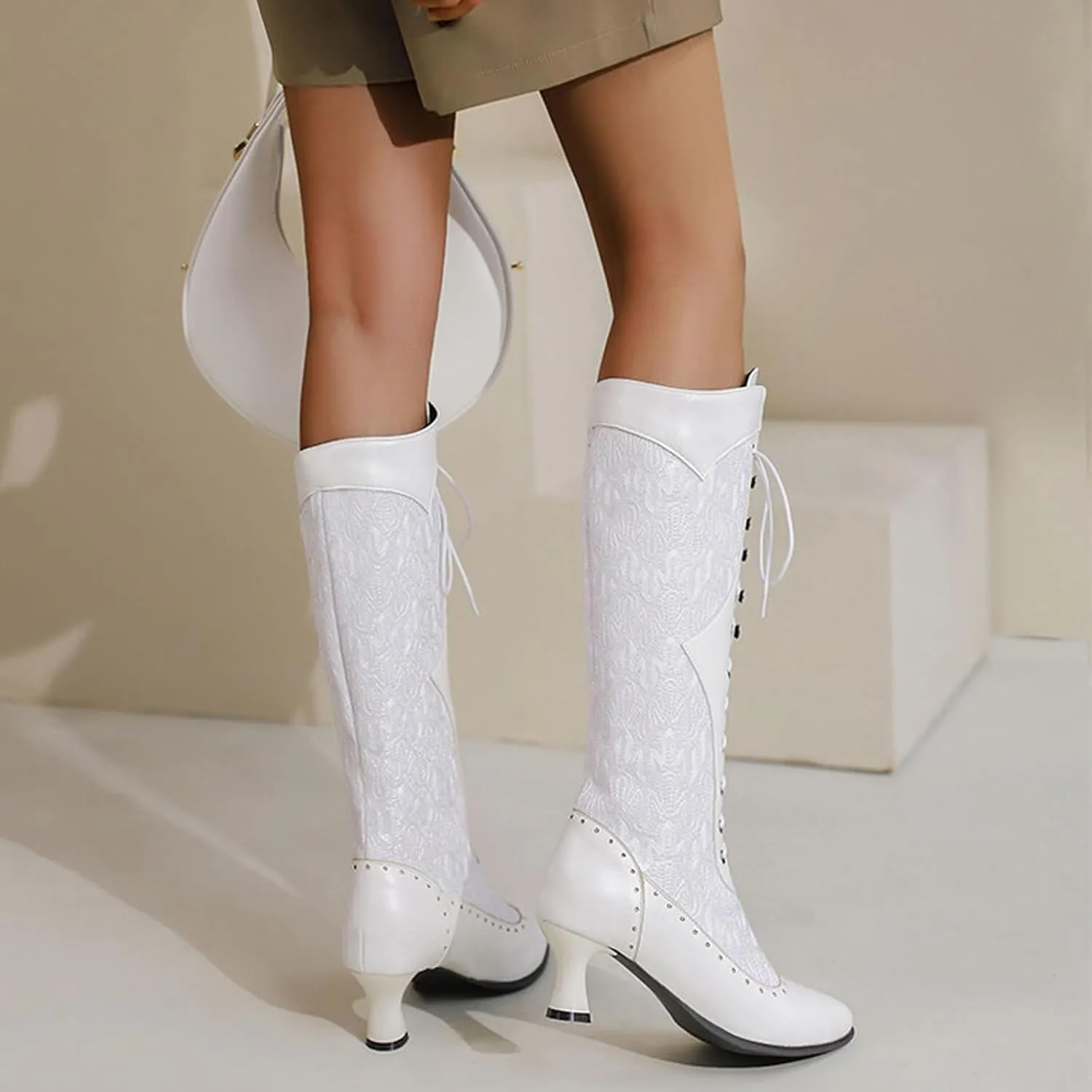 Knee High Combat Boots Womens Lace Up High Heel Leather Boots Lace Splicing Cowboy Riding Boots