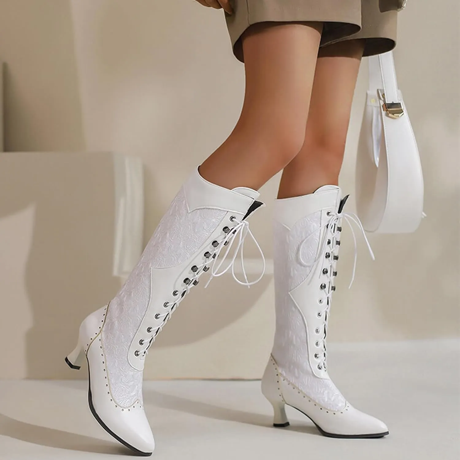 Knee High Combat Boots Womens Lace Up High Heel Leather Boots Lace Splicing Cowboy Riding Boots