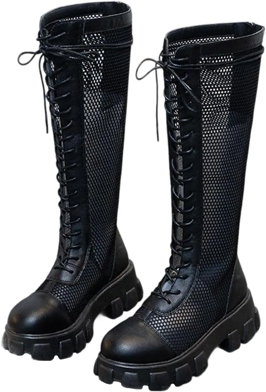 Knee High Mesh Boots for Women Closed Toe Platform Summer Boot Sandals Breathable Mesh Lace up Back Zip Summer Shoes