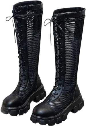 Knee High Mesh Boots for Women Closed Toe Platform Summer Boot Sandals Breathable Mesh Lace up Back Zip Summer Shoes