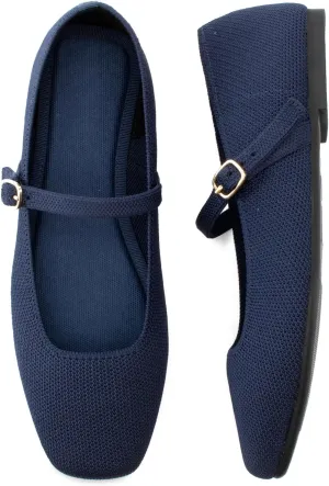 Knit Flats for Women Square Toe Flats Casual Ballet Flats with Ankle Strap,Mary Jane Shoes Women Comfortable for Dressy Office