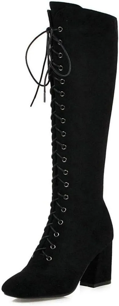 KOKOMOMO Womens Square Toe Chunky Heels Knee High Boots Lace Up High Heeled Combat Boots with Zip