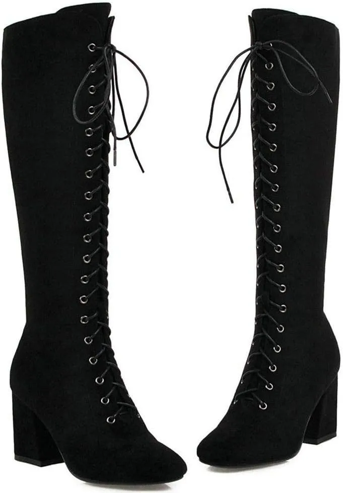 KOKOMOMO Womens Square Toe Chunky Heels Knee High Boots Lace Up High Heeled Combat Boots with Zip