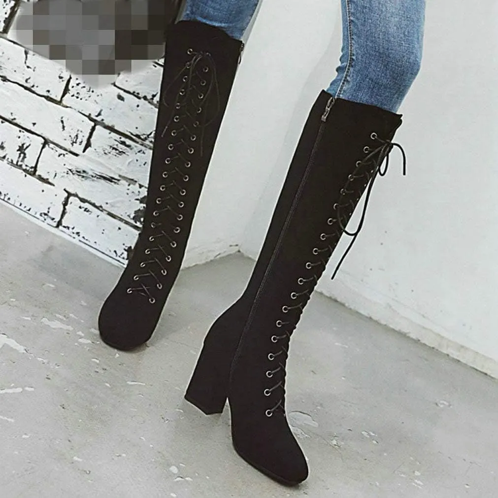 KOKOMOMO Womens Square Toe Chunky Heels Knee High Boots Lace Up High Heeled Combat Boots with Zip
