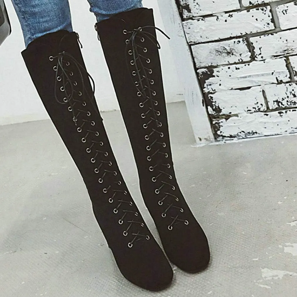 KOKOMOMO Womens Square Toe Chunky Heels Knee High Boots Lace Up High Heeled Combat Boots with Zip