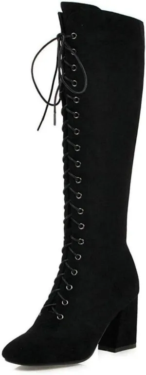 KOKOMOMO Womens Square Toe Chunky Heels Knee High Boots Lace Up High Heeled Combat Boots with Zip