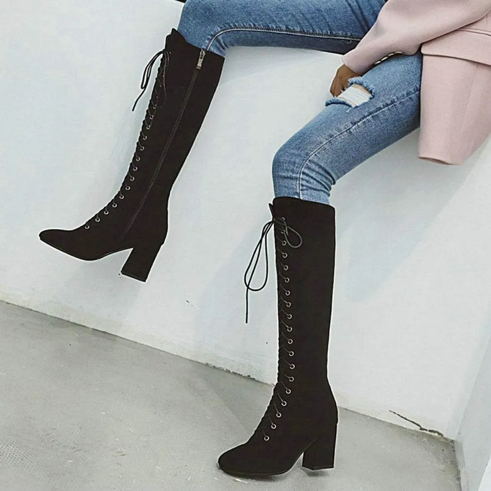 KOKOMOMO Womens Square Toe Chunky Heels Knee High Boots Lace Up High Heeled Combat Boots with Zip