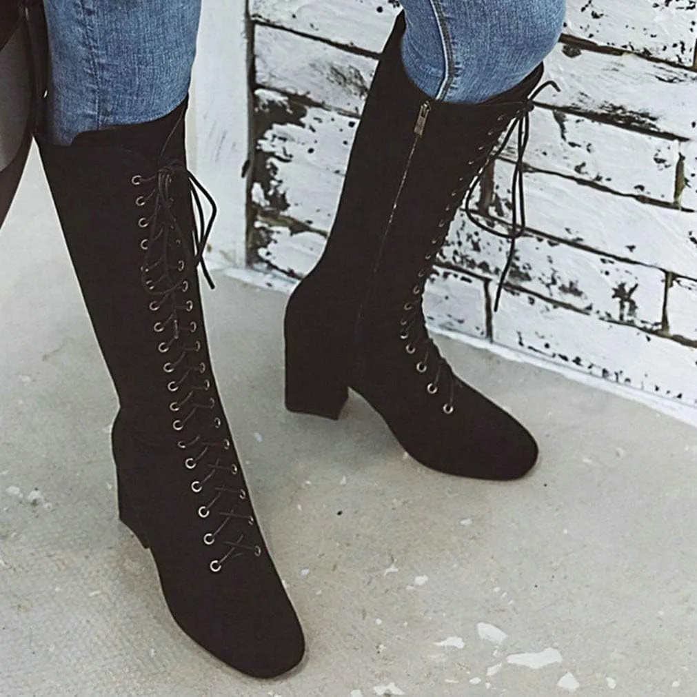 KOKOMOMO Womens Square Toe Chunky Heels Knee High Boots Lace Up High Heeled Combat Boots with Zip