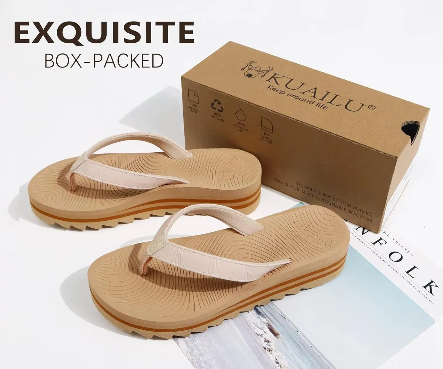 KuaiLu Women’s Flip Flops Ladies Yoga Mat Platform Thong Sandals Dressy Womans Lightweight Summer Slip On Beach Flip Flop Sandles, Soft Cushion Footbed, Arch Support