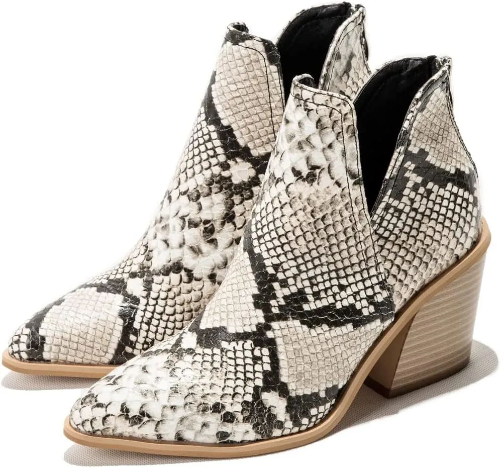 KUUTGG Women's Pointed Toe Western Ankle Boots V Cut Stacked Chunky High Heel Zipper Dressy Short Booties