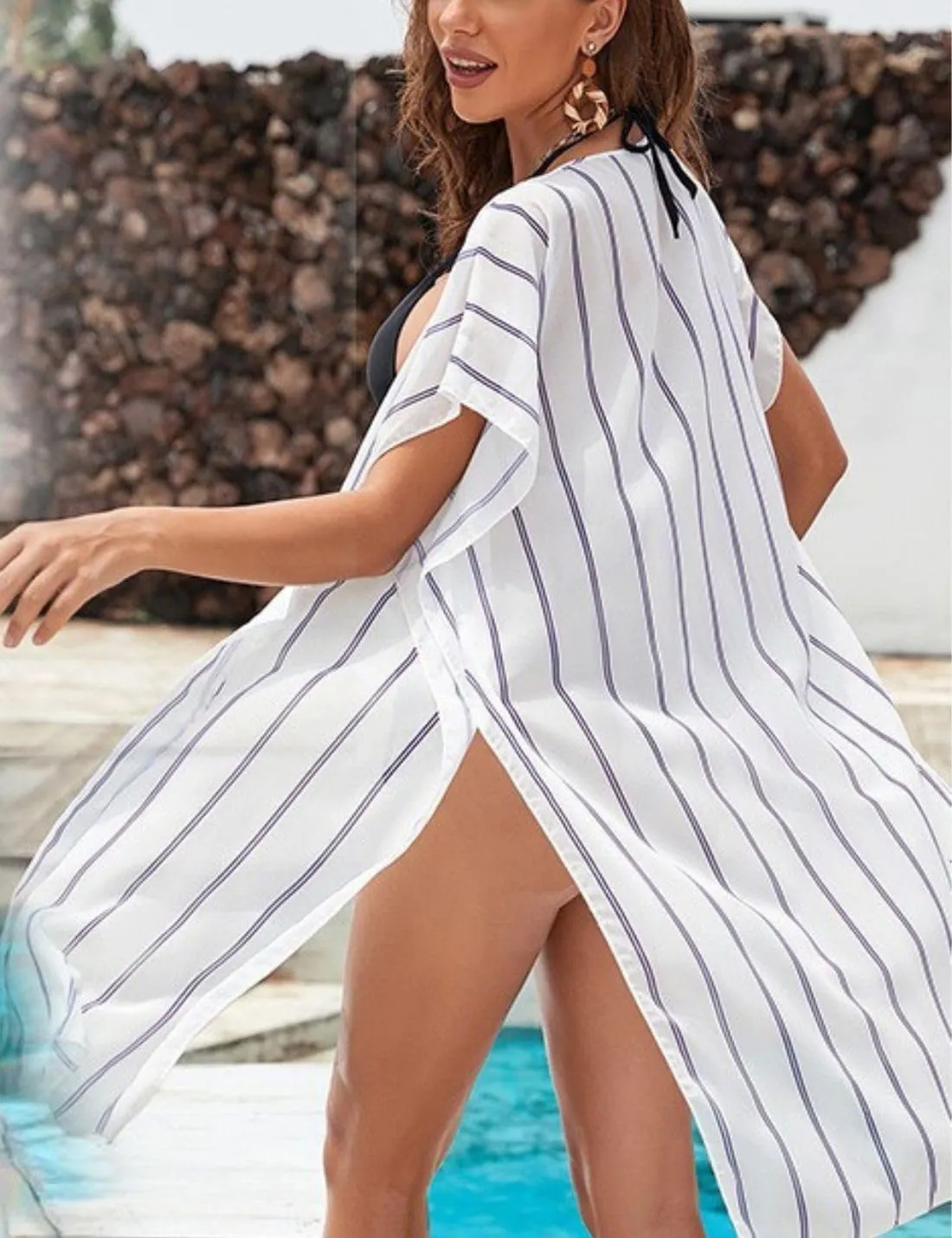 Kwoki Women's Swimsuit Cover Up Flowy Chiffon Kimono Cardigan Tie Front Striped Mid Long Summer Beach Dress