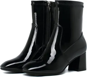 KysBloes Women Patent Leather GOGO Boots Square Toe Chunky Heel Ankle Boots Side Zip Block Heel Winter Booties