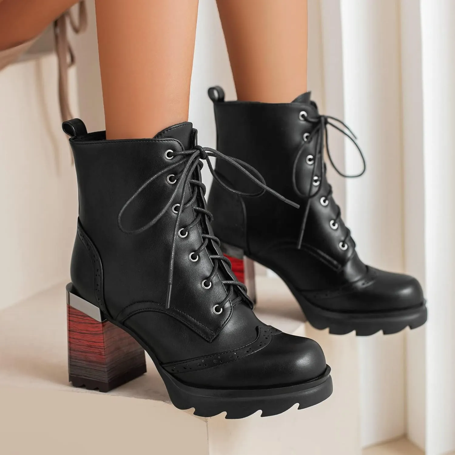 KysBloes Women Square Toe Lace Up Platform Ankle Boots Block High Heel Side Zip Short Booties