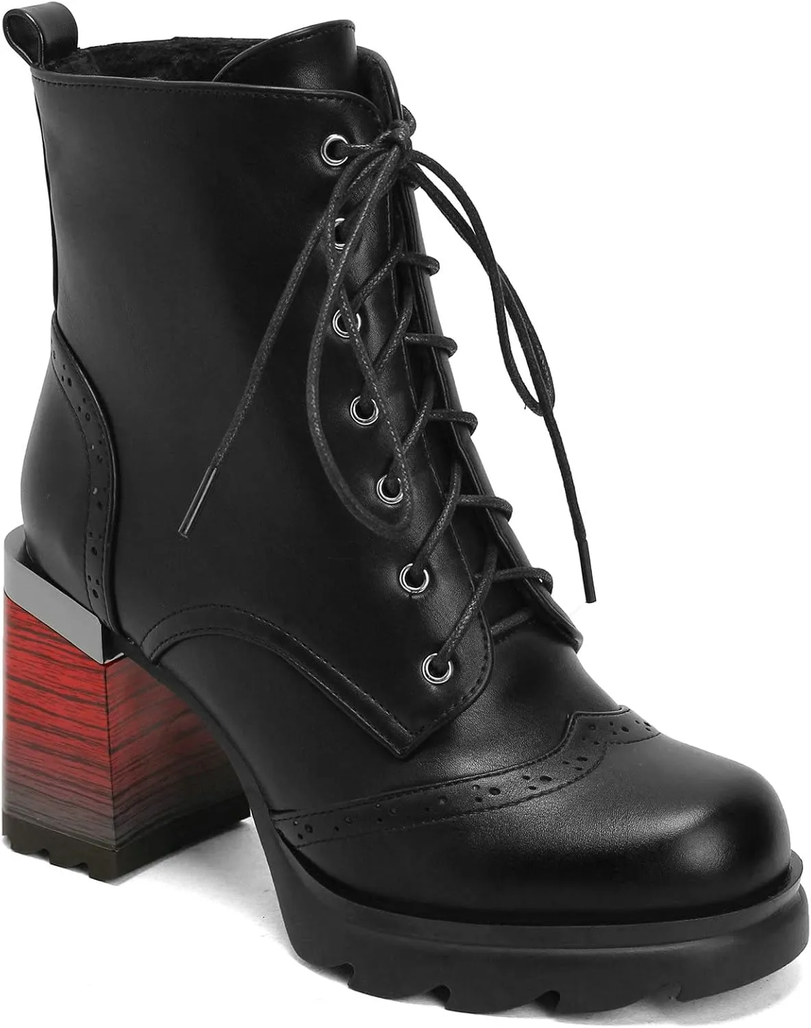 KysBloes Women Square Toe Lace Up Platform Ankle Boots Block High Heel Side Zip Short Booties