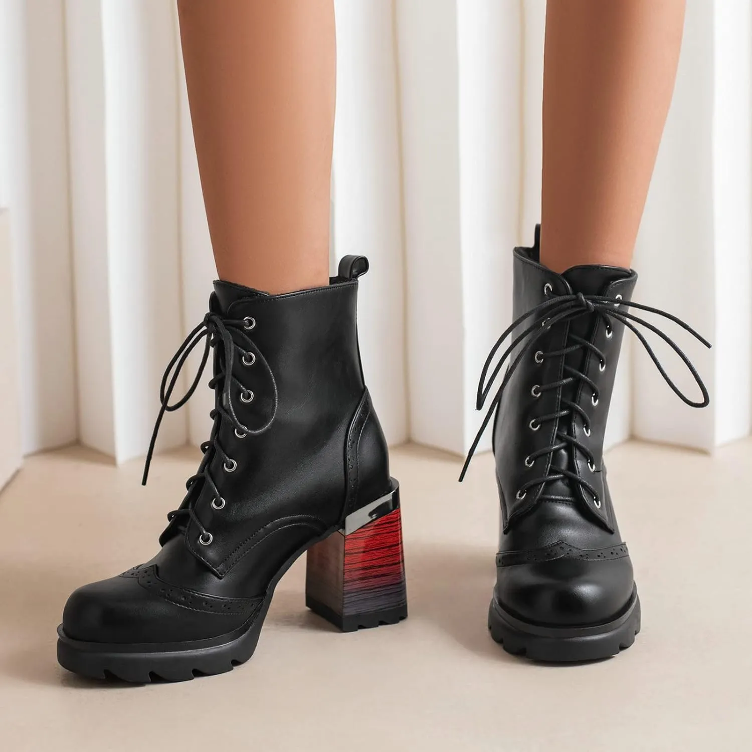 KysBloes Women Square Toe Lace Up Platform Ankle Boots Block High Heel Side Zip Short Booties
