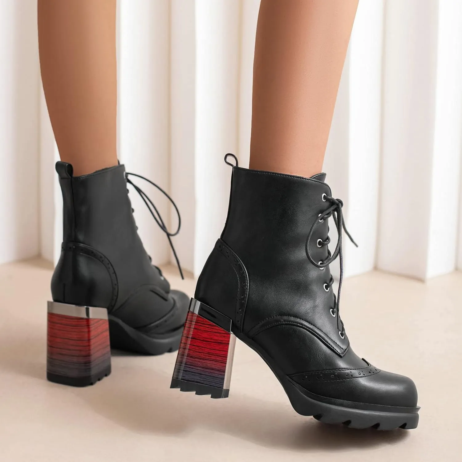 KysBloes Women Square Toe Lace Up Platform Ankle Boots Block High Heel Side Zip Short Booties