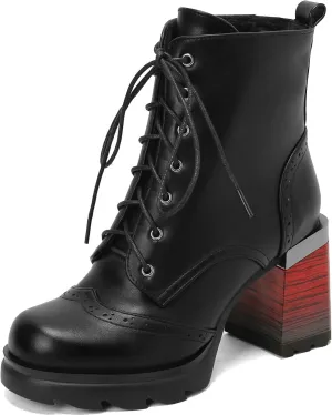 KysBloes Women Square Toe Lace Up Platform Ankle Boots Block High Heel Side Zip Short Booties