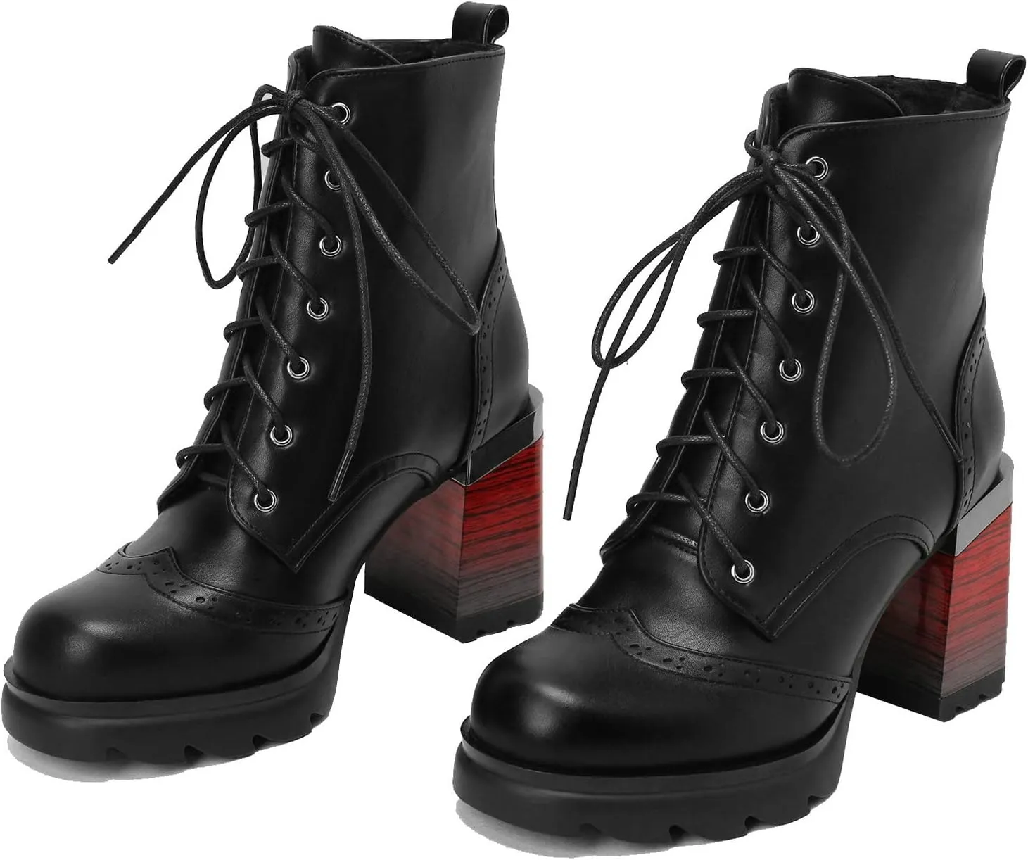 KysBloes Women Square Toe Lace Up Platform Ankle Boots Block High Heel Side Zip Short Booties