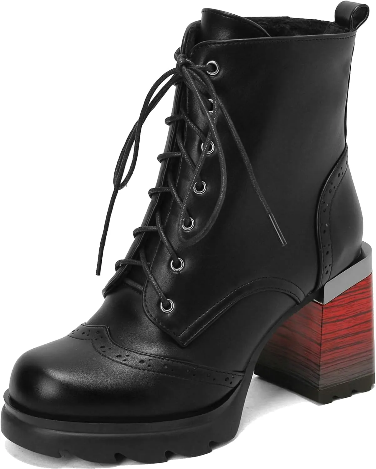 KysBloes Women Square Toe Lace Up Platform Ankle Boots Block High Heel Side Zip Short Booties