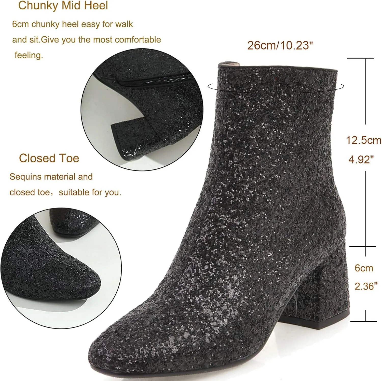 KysBloes Womens Sparkly Ankle Boots Chunky Heel Glitter Booties Closed Toe Block Heel Dress Winter Shoes