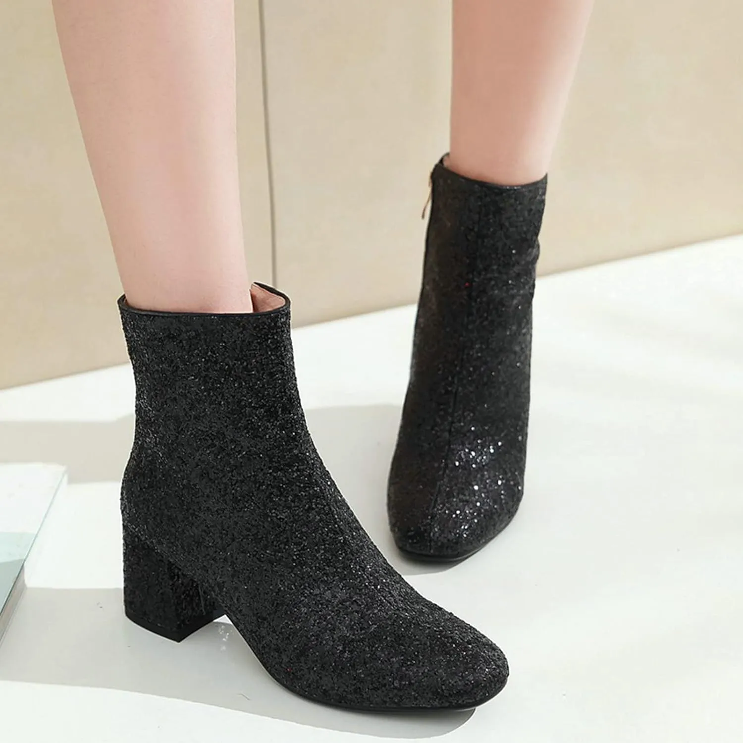 KysBloes Womens Sparkly Ankle Boots Chunky Heel Glitter Booties Closed Toe Block Heel Dress Winter Shoes