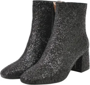 KysBloes Womens Sparkly Ankle Boots Chunky Heel Glitter Booties Closed Toe Block Heel Dress Winter Shoes