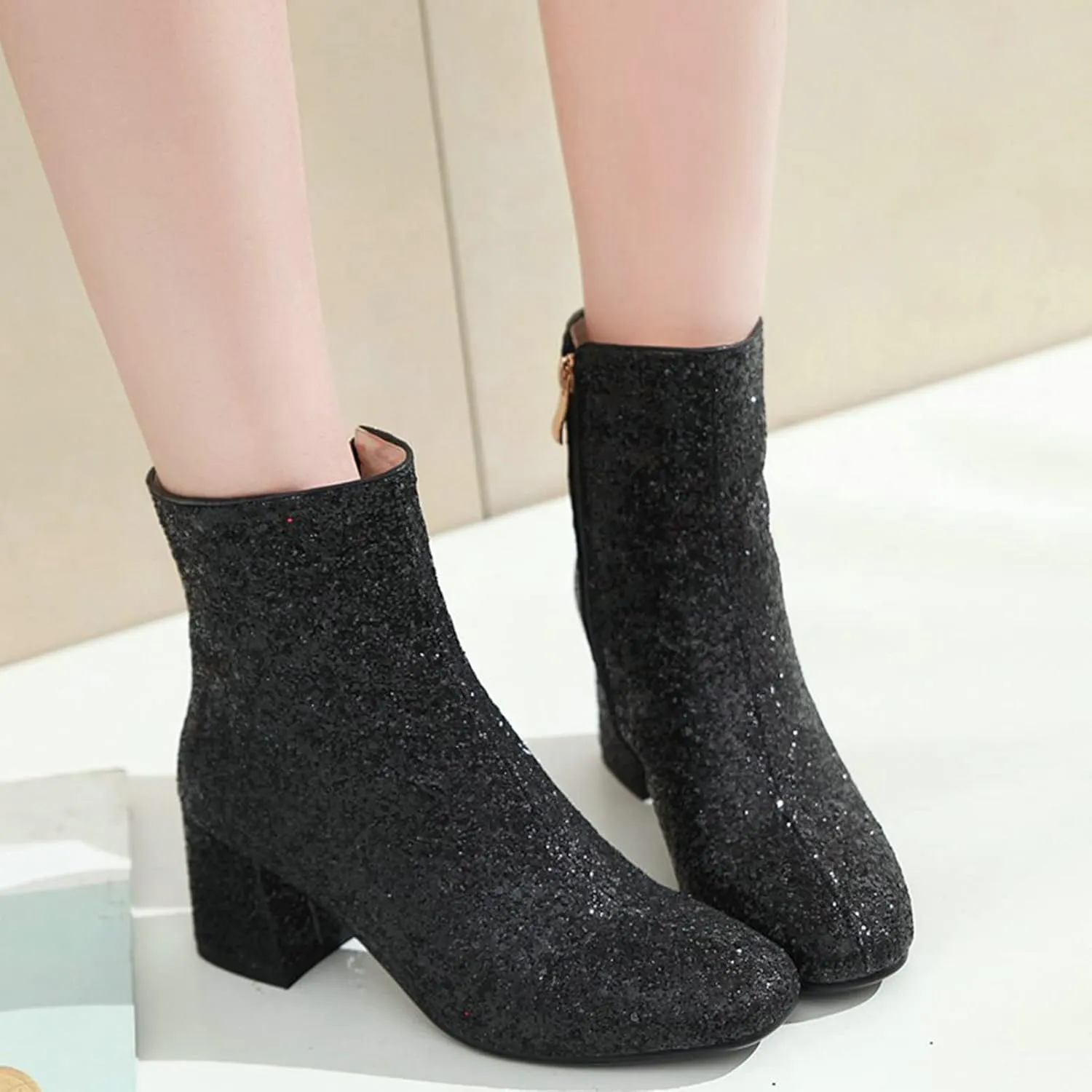 KysBloes Womens Sparkly Ankle Boots Chunky Heel Glitter Booties Closed Toe Block Heel Dress Winter Shoes
