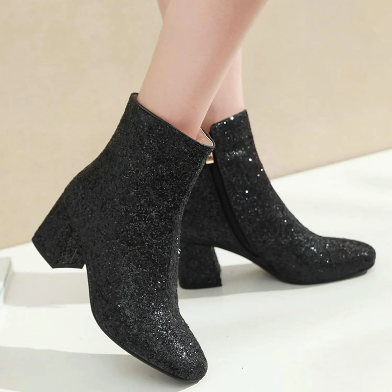KysBloes Womens Sparkly Ankle Boots Chunky Heel Glitter Booties Closed Toe Block Heel Dress Winter Shoes