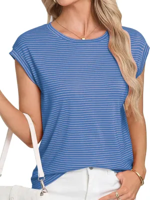 LA BAISEO Womens Casual Cap Short Sleeve Striped Tops Summer Open Back T-Shirts Crew Neck Basic Shirts