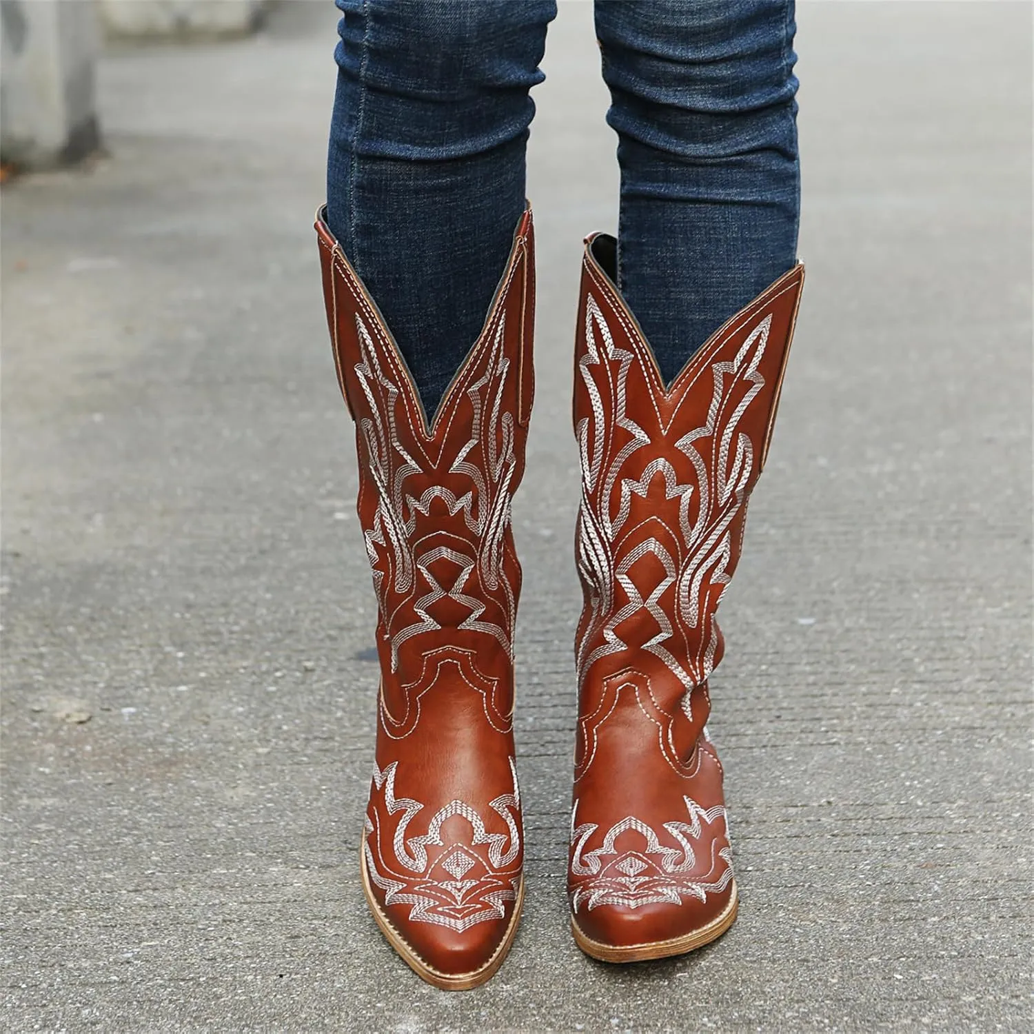 Ladmiple Cowboy Boots For Women Wide Calf Low Heel Knee High Seam Block Heel Pointed Toe Fashion Cowgirl Boots Slip-On