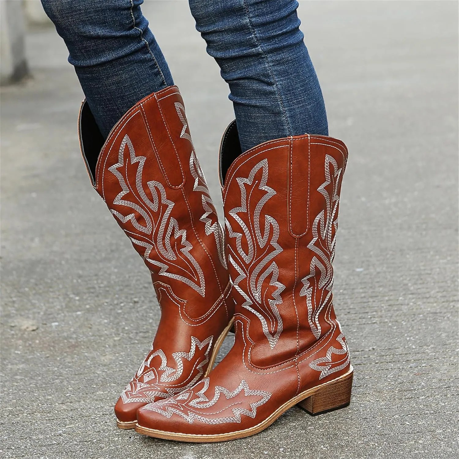 Ladmiple Cowboy Boots For Women Wide Calf Low Heel Knee High Seam Block Heel Pointed Toe Fashion Cowgirl Boots Slip-On