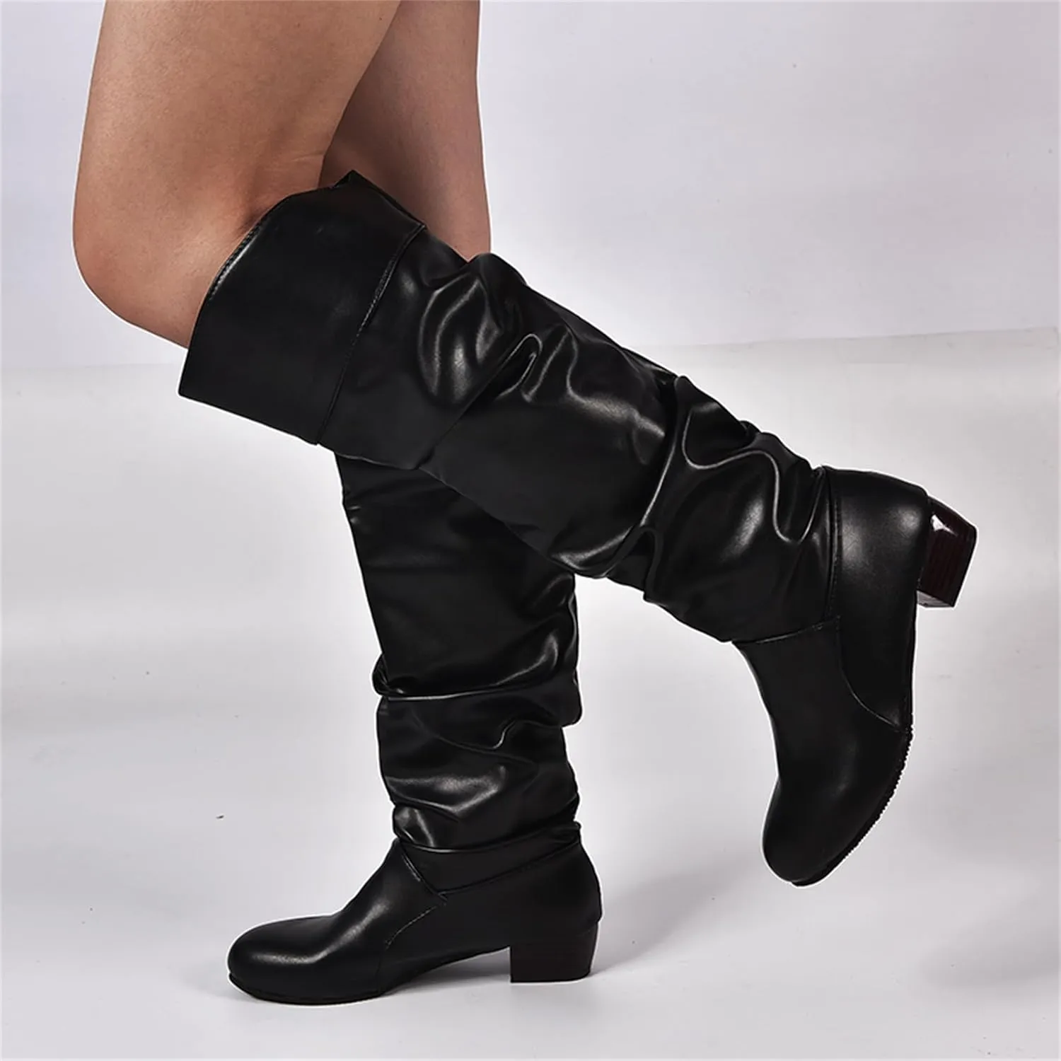 Ladmiple Fall Boots Women Knee High Wide Calf Slouchy Western Cowboy Boots Fashion Pointed Toe Cone Heel Cowgirl Boots