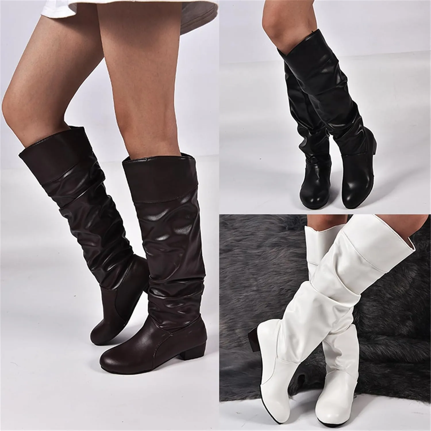 Ladmiple Fall Boots Women Knee High Wide Calf Slouchy Western Cowboy Boots Fashion Pointed Toe Cone Heel Cowgirl Boots